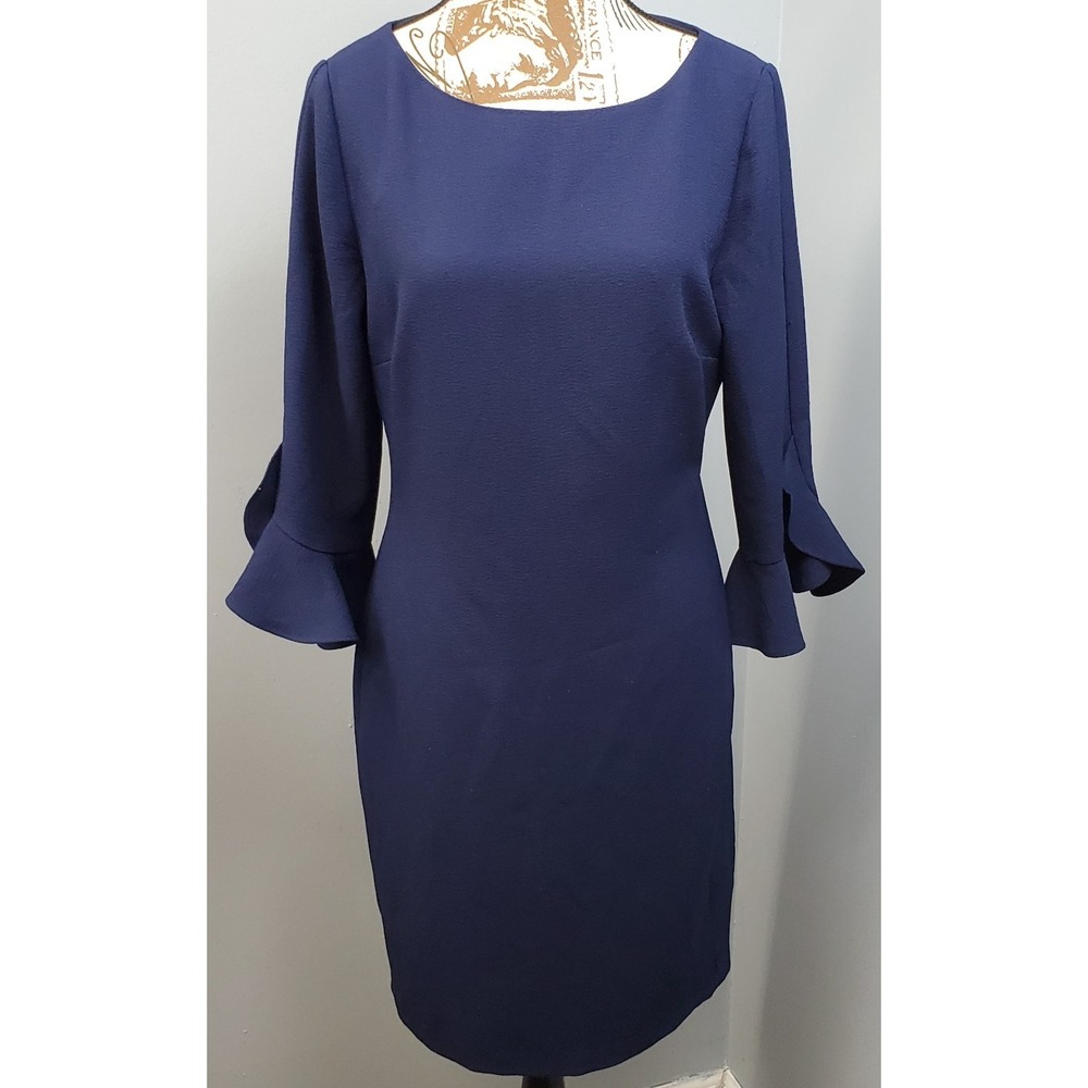 Karl Lagerfeld Sheath Dress Womens 8 Blue Crepe Lined Ruffle Sleeve Back Zipper
